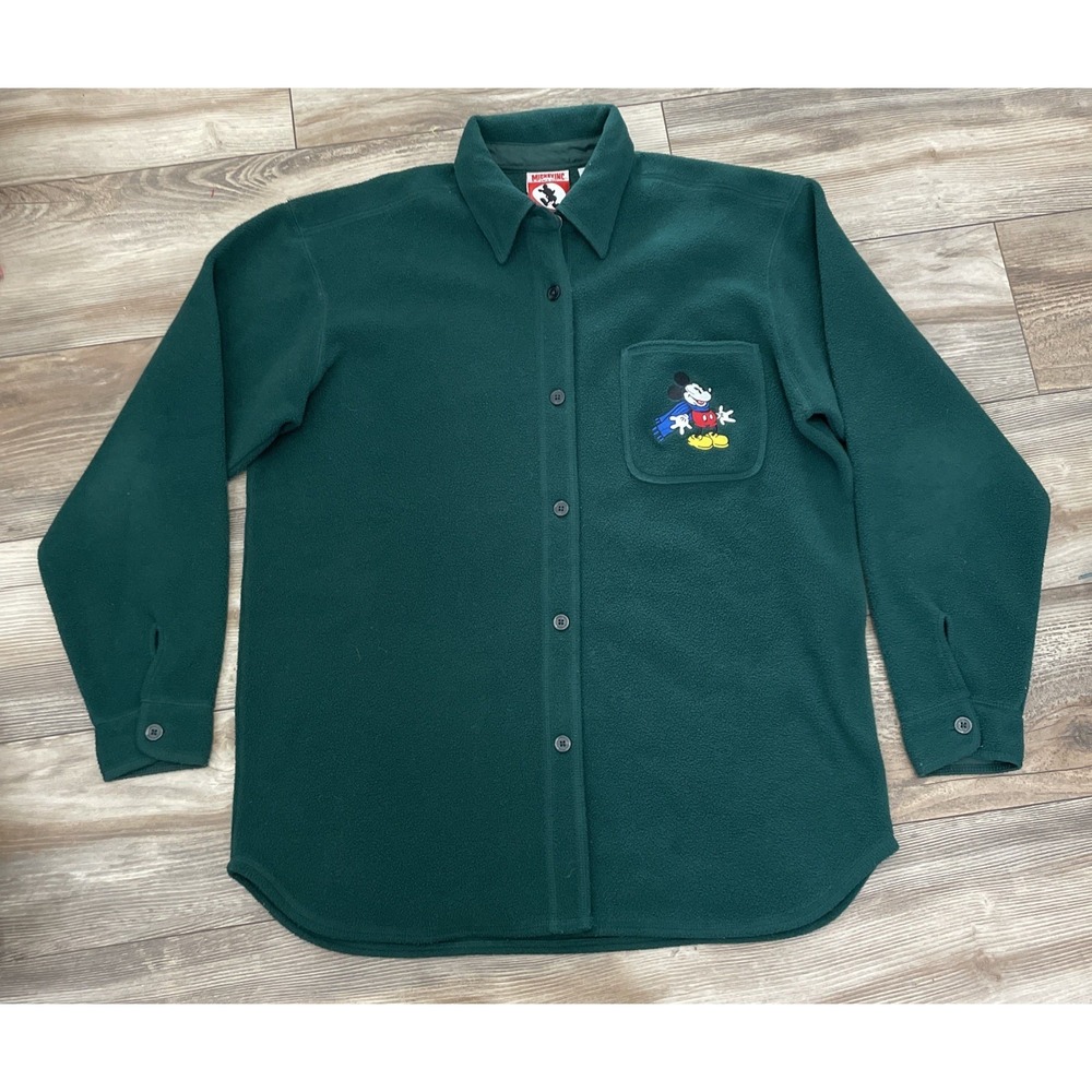 Vtg 90s Disney Mickey Fleece Shacket sz M Sweater Shirt Green Embroidered Mickey